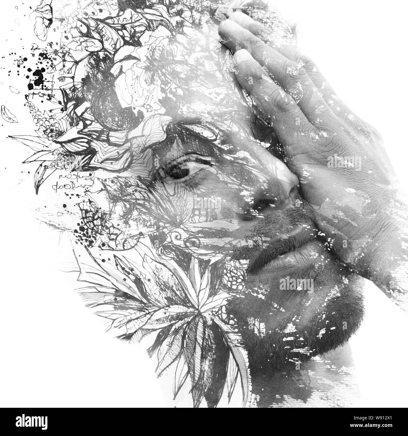 Paintography. L'exposition double portrait d'un homme avec de fortes caractéristiques combinées avec la peinture à la main de fleurs et de feuilles qui se dissolvent dans sa station de ski Banque D'Images