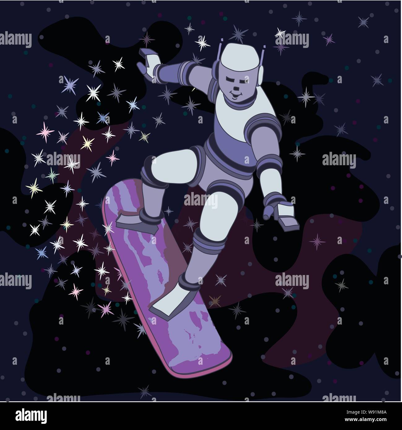 Planche à neige avec des ados Robot stars en retrait le long de la tranche de la carte & Stars & planètes dans un fond sombre Illustration de Vecteur