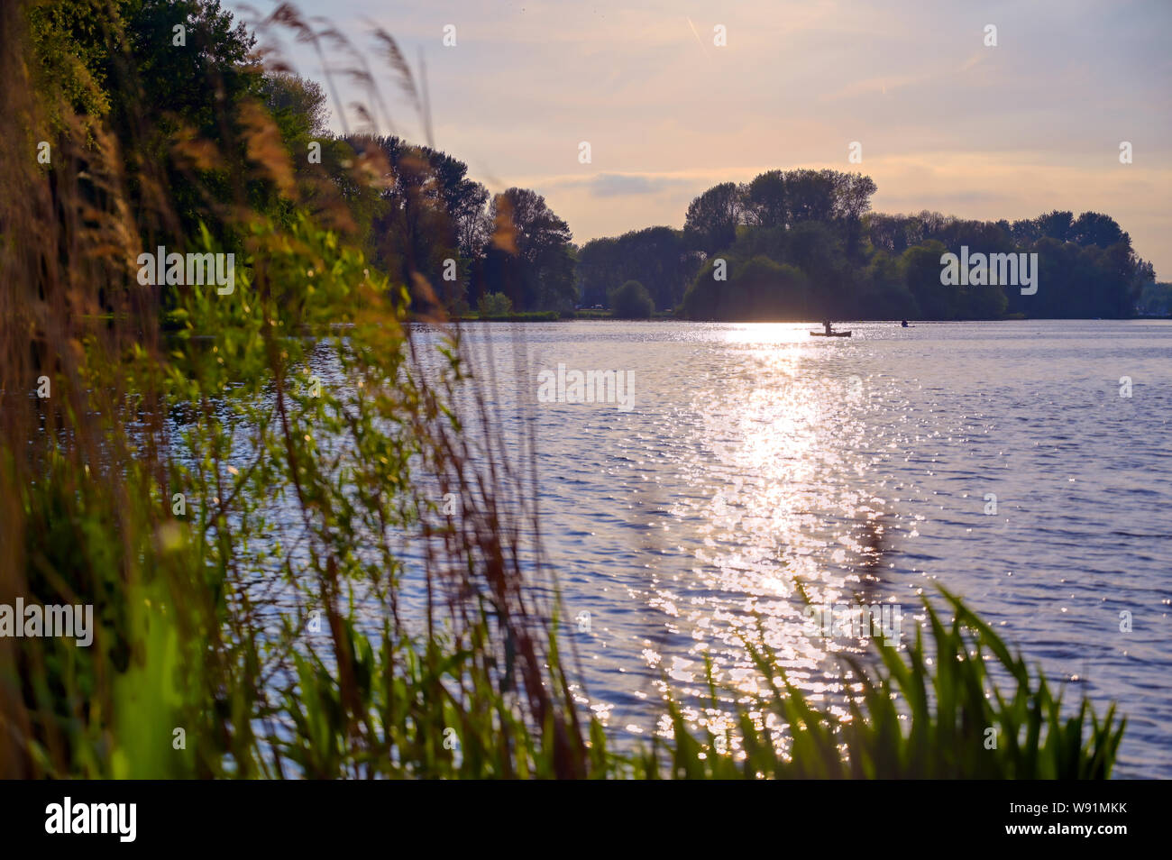 Vues le long du lac Kralingse Plas au coucher du soleil à Rotterdam, aux Pays-Bas. Banque D'Images