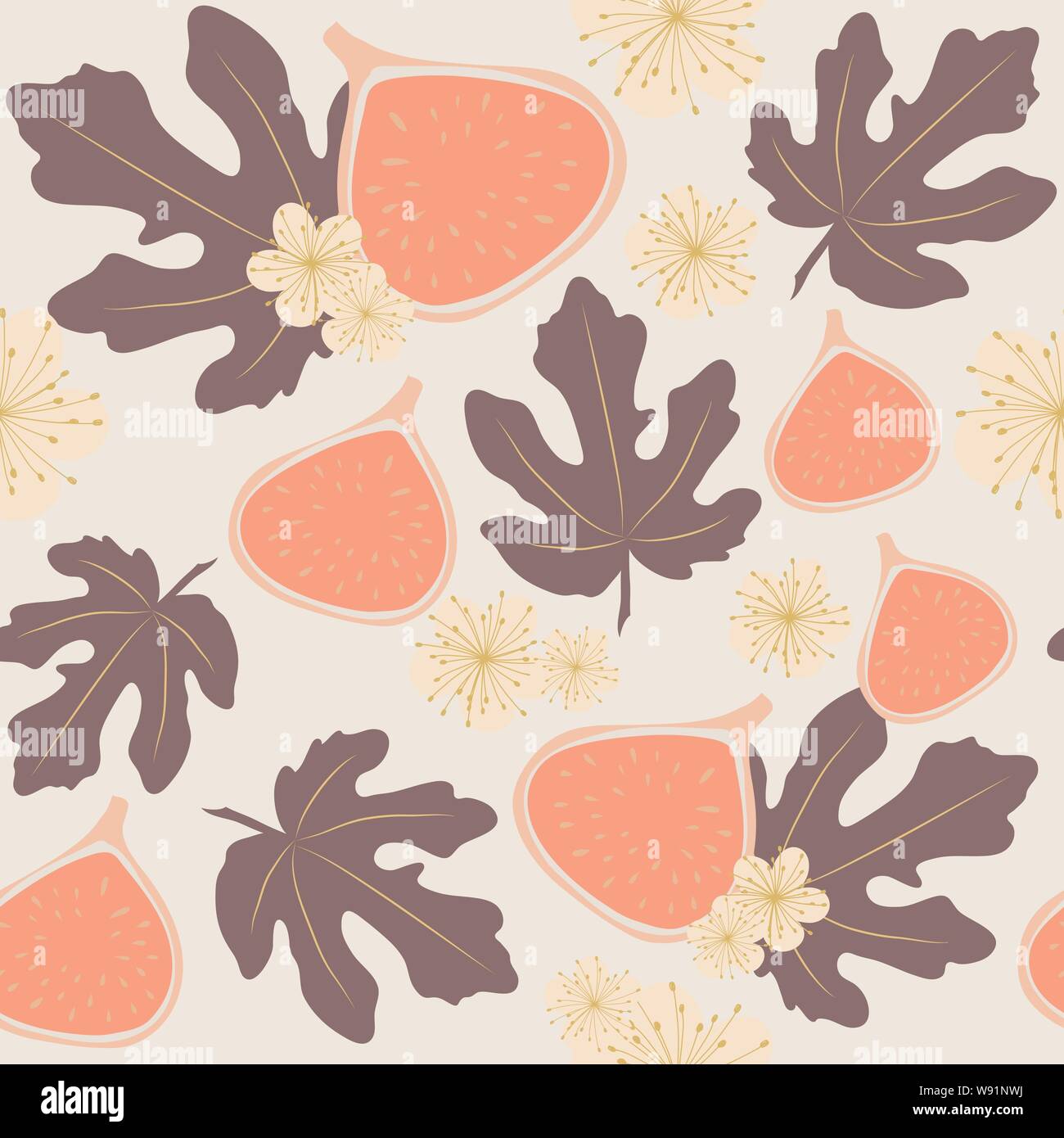 Modèle vectoriel continu de figues, feuilles et fleurs de couleurs pastel Illustration de Vecteur