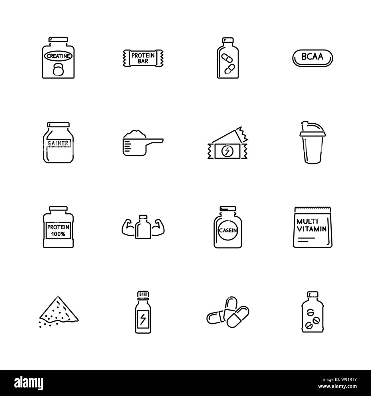 Suppléments de Culturisme Nutrition Sport, icônes - symbole noir sur fond blanc. Simple illustration. Icône vecteur plate. La réflexion de miroir. Peut être u Illustration de Vecteur