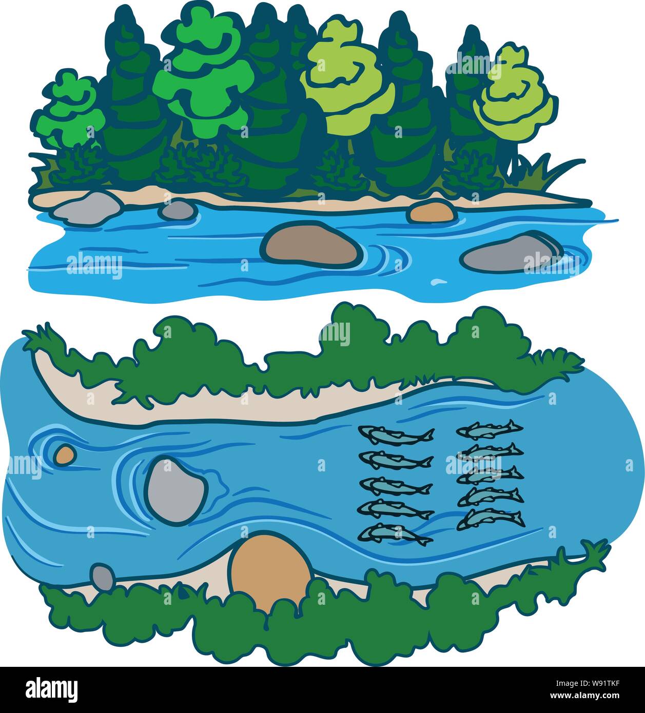 Rivière bordée d'arbustes arbres enroché graphique avec elle dans la rivière avec les conduites d'écoulement d'une séquence d'animation de poissons aussi Illustration de Vecteur
