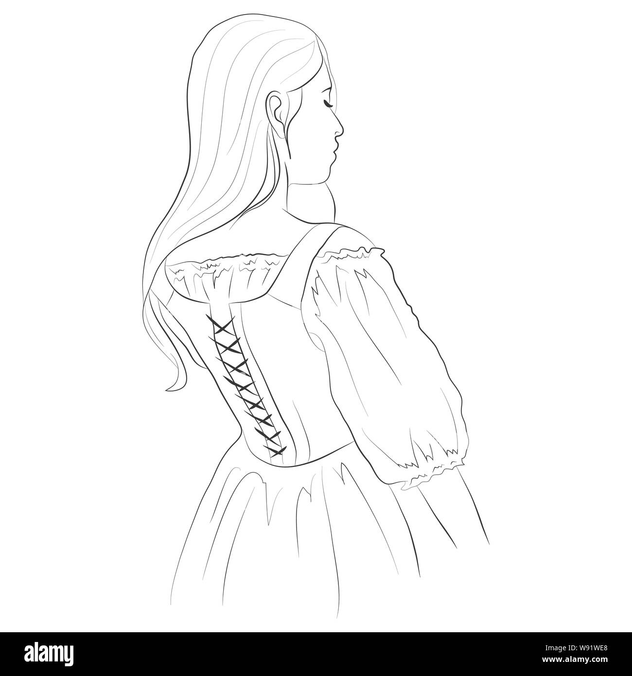 Vector illustration d'une jeune fille debout dos dans un corset aux longs cheveux Illustration de Vecteur