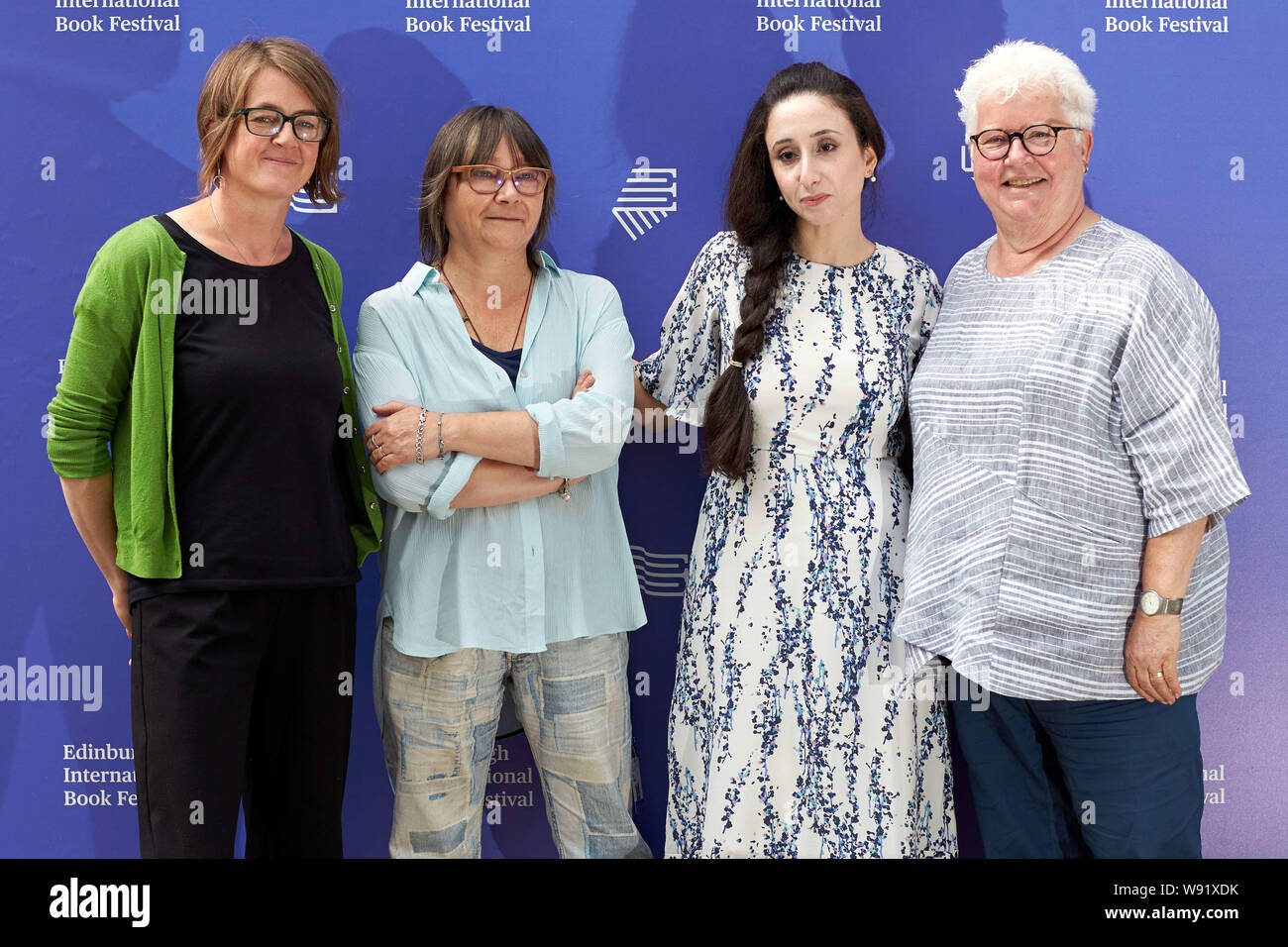 Edinburgh, Ecosse, Royaume-Uni, 12 août 2019. Edinburgh International Book Festival. Photo:Francis Cabrel, Nayrouz Qarmout , Val McDermid, Ali Smith. Andrew Eaton/Alamy Crédit Banque D'Images