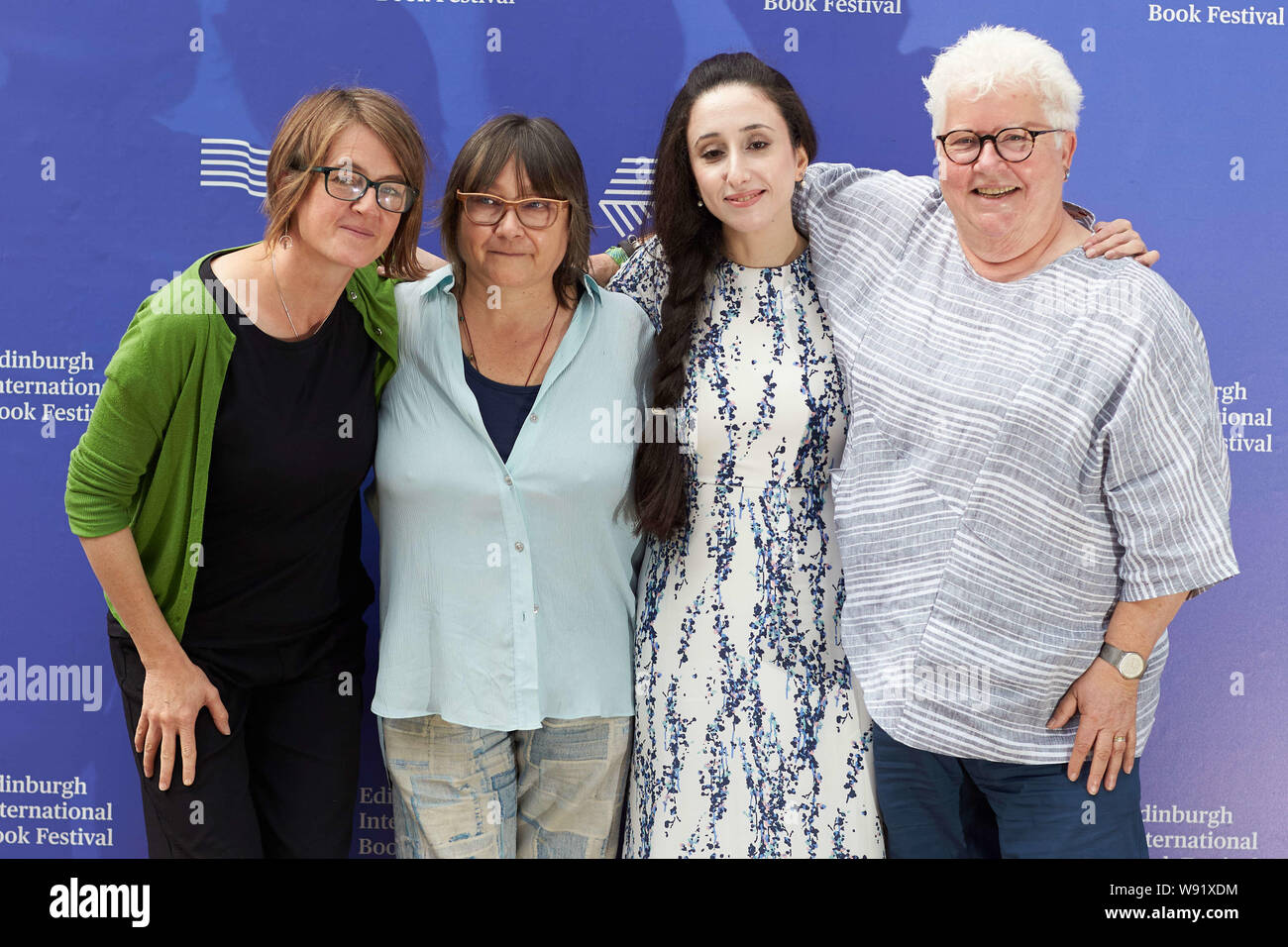Edinburgh, Ecosse, Royaume-Uni, 12 août 2019. Edinburgh International Book Festival. Photo:Francis Cabrel, Nayrouz Qarmout , Val McDermid, Ali Smith. Andrew Eaton/Alamy Crédit Banque D'Images