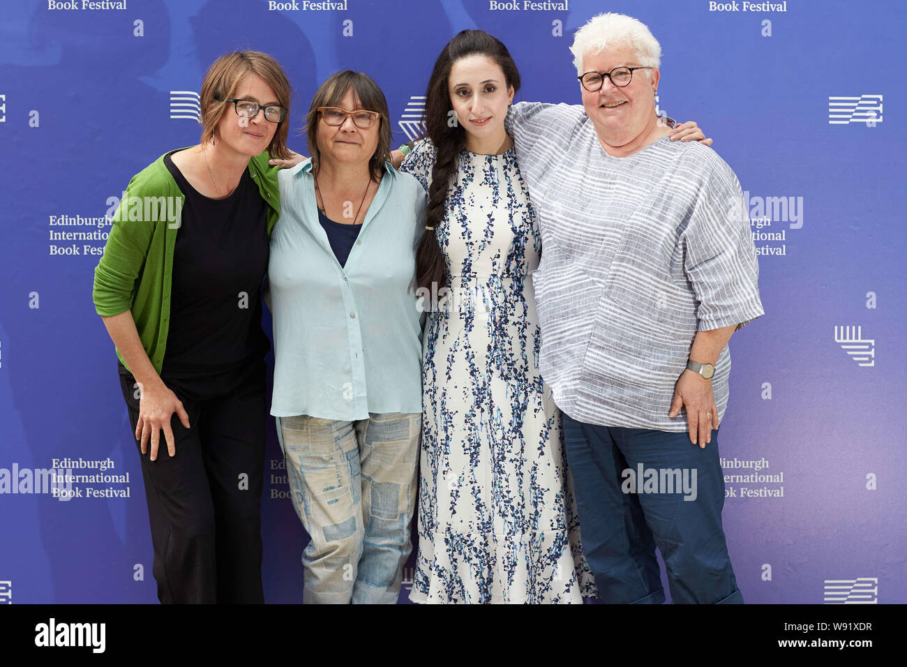 Edinburgh, Ecosse, Royaume-Uni, 12 août 2019. Edinburgh International Book Festival. Photo:Francis Cabrel, Nayrouz Qarmout , Val McDermid, Ali Smith. Andrew Eaton/Alamy Crédit Banque D'Images