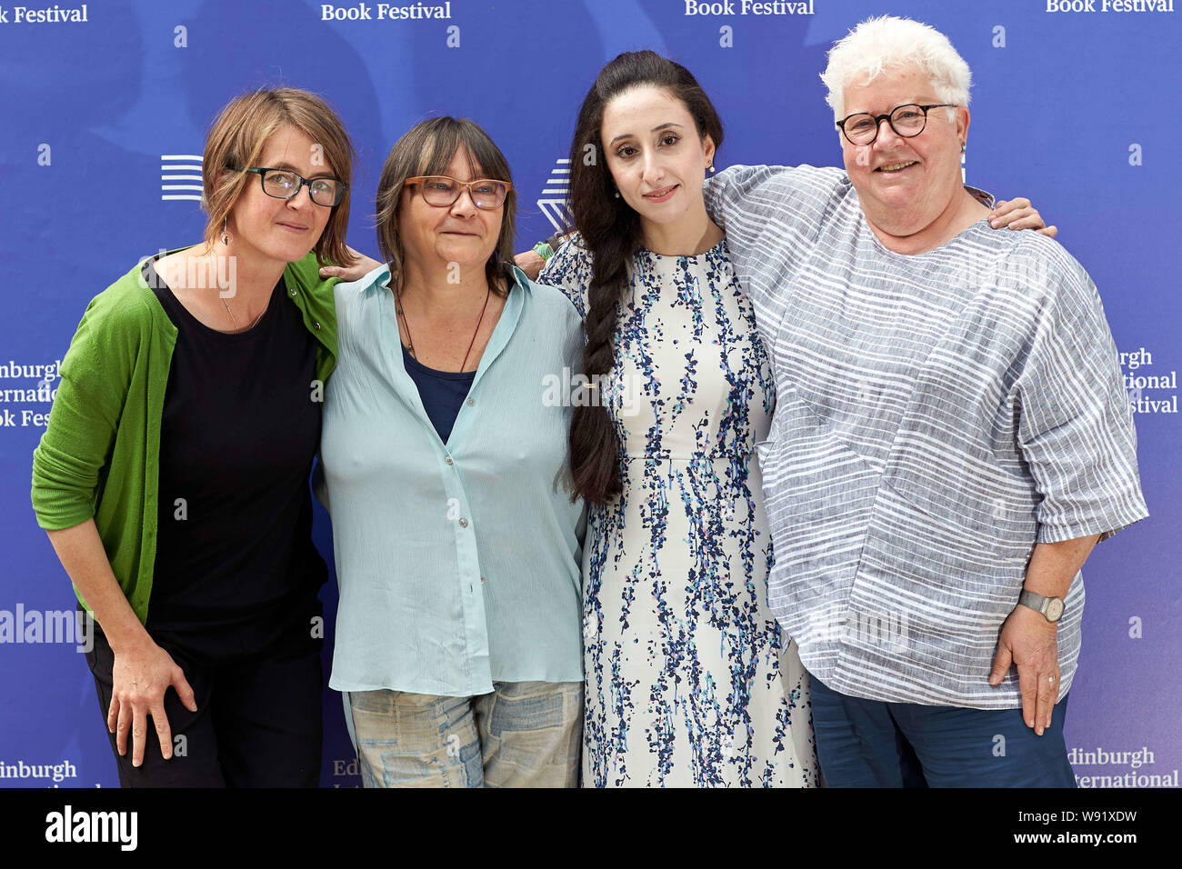 Edinburgh, Ecosse, Royaume-Uni, 12 août 2019. Edinburgh International Book Festival. Photo:Francis Cabrel, Nayrouz Qarmout , Val McDermid, Ali Smith. Andrew Eaton/Alamy Crédit Banque D'Images