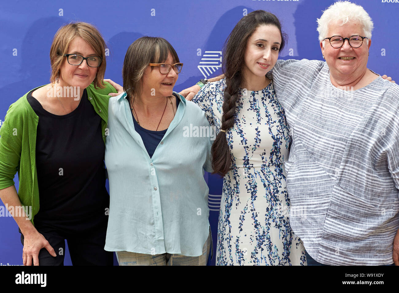 Edinburgh, Ecosse, Royaume-Uni, 12 août 2019. Edinburgh International Book Festival. Photo:Francis Cabrel, Nayrouz Qarmout , Val McDermid, Ali Smith. Andrew Eaton/Alamy Crédit Banque D'Images