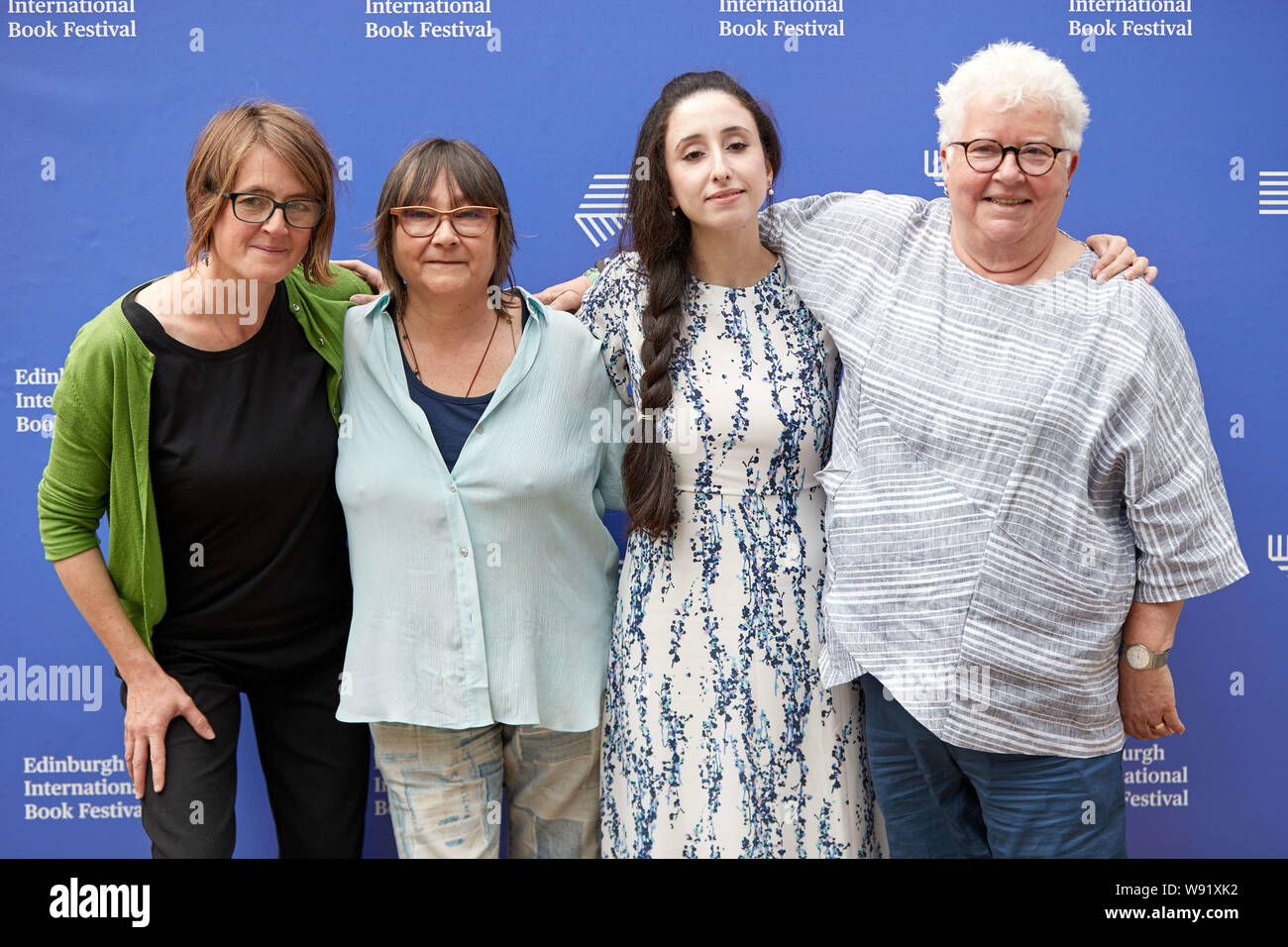 Edinburgh, Ecosse, Royaume-Uni, 12 août 2019. Edinburgh International Book Festival. Photo:Francis Cabrel, Nayrouz Qarmout , Val McDermid, Ali Smith. Andrew Eaton/Alamy Crédit Banque D'Images