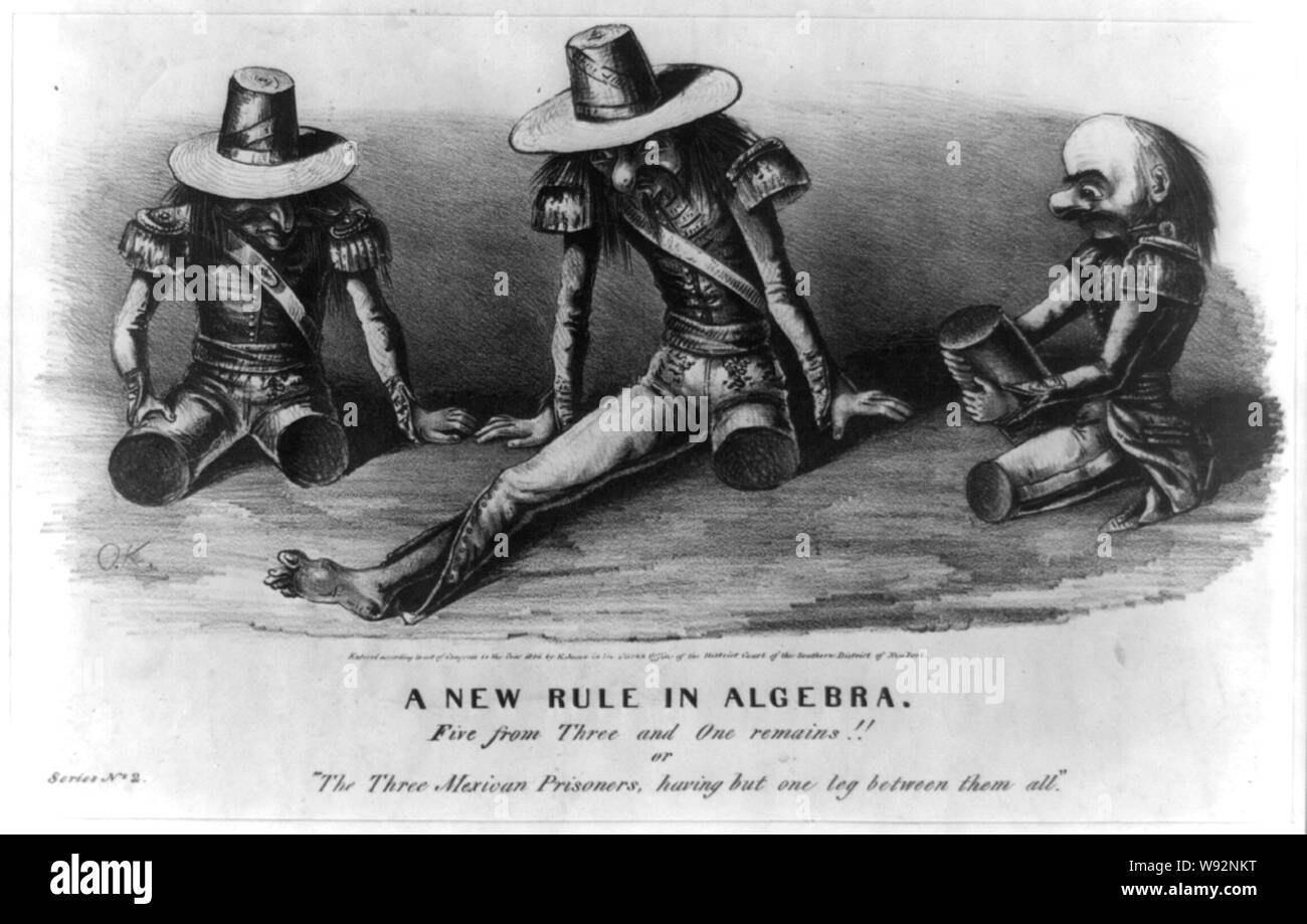 Une nouvelle règle dans l'algèbre. Cinq de trois et une continue ! ! Ou les trois prisonniers mexicains, n'ayant qu'une jambe entre les tous ! Résumé : Un peu mordante, satire morbide sur le sort des prisonniers de guerre mexicain blessé aux mains de médecins américains. Au cours de la guerre du Mexique l'amputation était considéré comme le plus sûr moyen d'empêcher l'infection d'un membre blessé. La caricature montre trois soldats mexicains assis, dans l'alarme, évidente sur le terrain. Des trois hommes, seul le soldat dans le centre a une jambe restante. Les mots series no. 2 s'affichent en bas à gauche, ce qui suggère que l'impression a été l'un d'un Banque D'Images