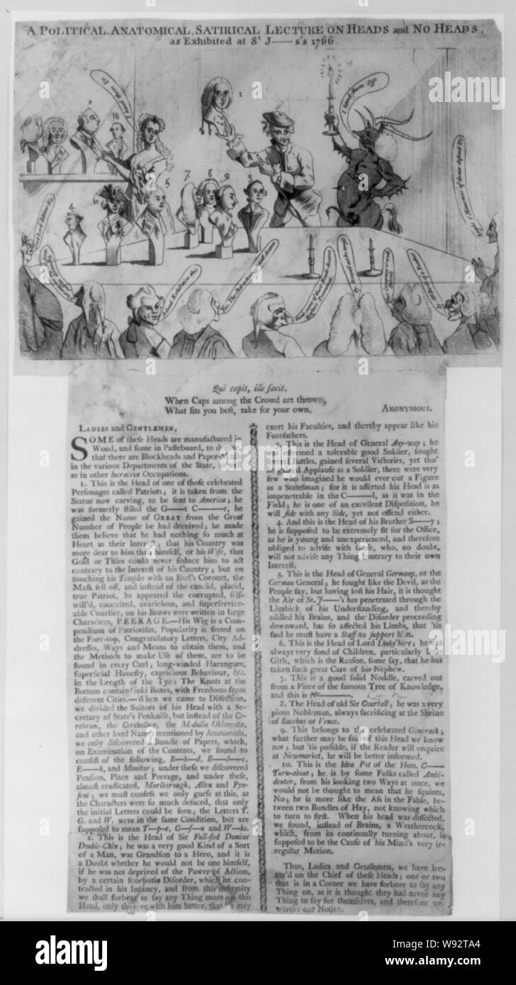 Une volonté politique, d'anatomie, satirique, conférence sur les têtes et têtes pas comme exposé au Saint J--ms's 1766 Imprimer Résumé : Présente le comte de Bute, brandissant une buste de William Pitt comme le point de départ de sa lecture de chefs et de têtes pas sur une table devant lui et sur une étagère à gauche a plusieurs bustes identifiés par un numéro avec les descriptions correspondantes dans la légende. L'assistant d'une femme, sur la gauche, dit que j'ai entre les mains et dans le diable, à droite tenant une bougie allumée dans une main et une candlesnuffer dans l'autre, dit que je le remettre, deux bougies éteintes s'asseoir sur la table. Neuf hommes Banque D'Images