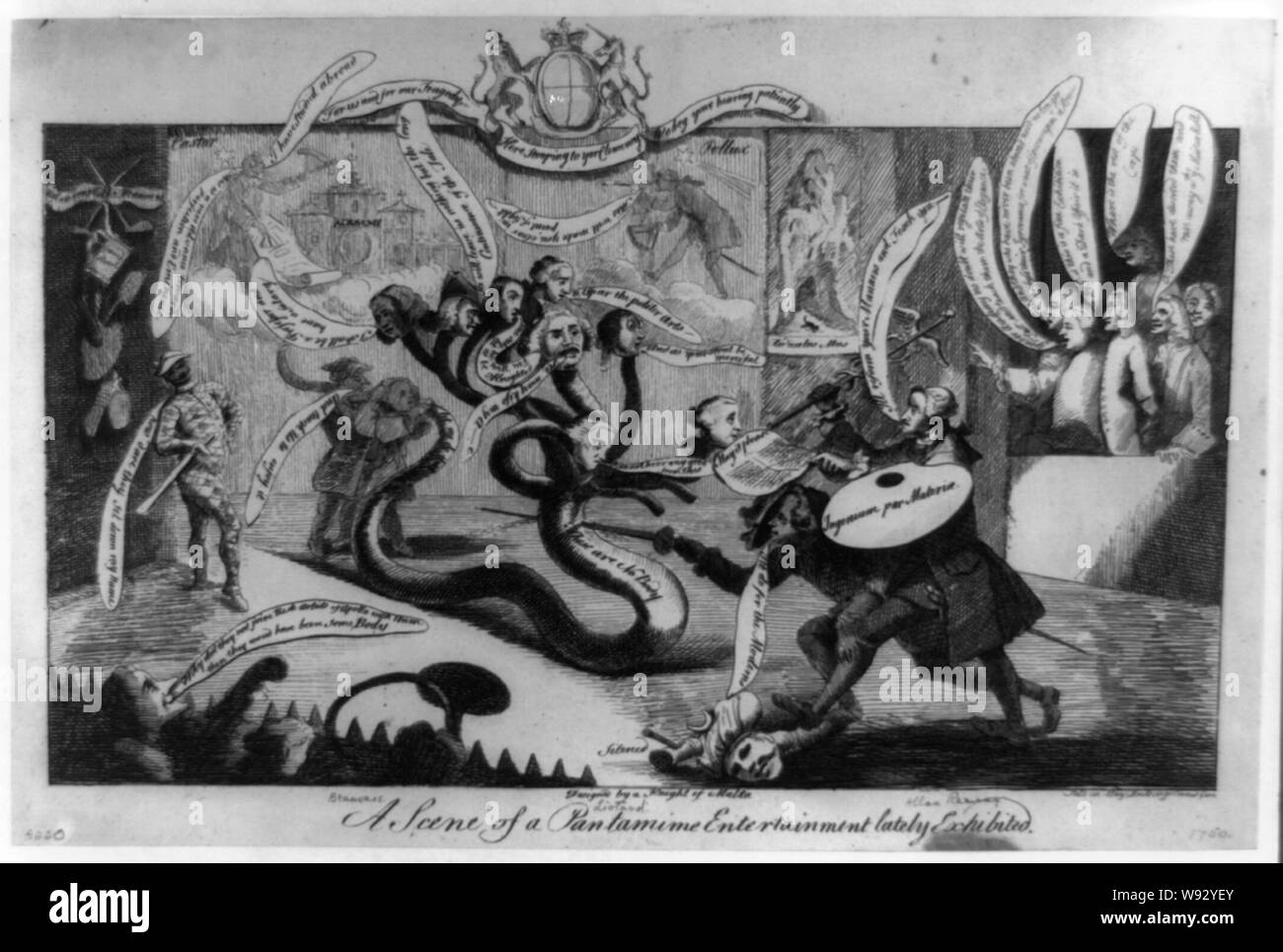 Une scène d'un pantamime ont présenté dernièrement divertissement Résumé : théâtre Satire scène sur laquelle Sir William Chambers, l'un des fondateurs de la Royal Academy of Arts, tente de tuer le hydre à 8 de l'Incorporated Society of Artists. Banque D'Images