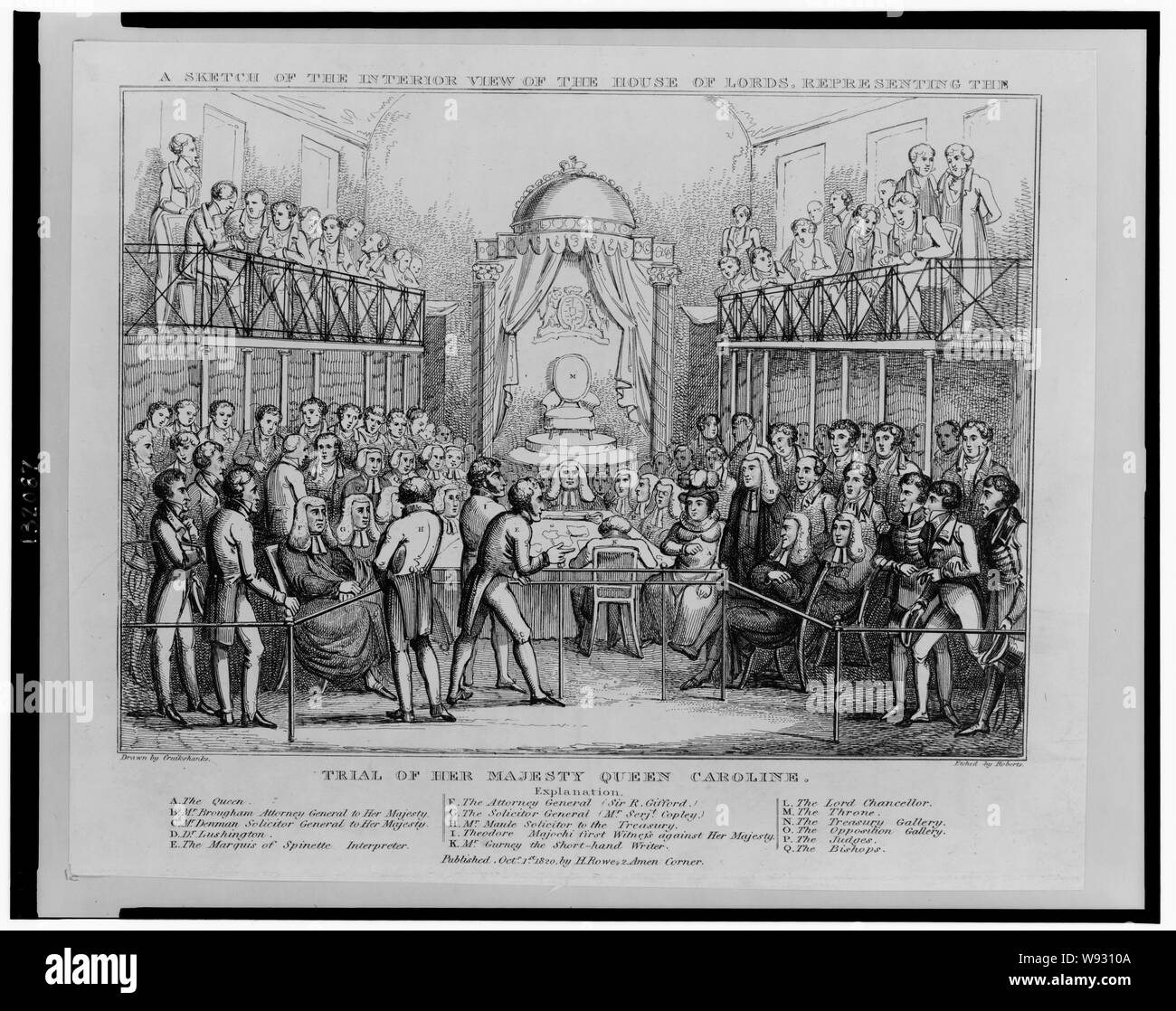 Un croquis de la vue de l'intérieur de la Chambre des Lords, représentant le procès de Sa Majesté la Reine Caroline Résumé : Imprimer montrant l'intérieur de la Chambre des Lords pendant le procès de Caroline, reine, épouse de George IV. Assis autour d'une table dans le centre sont la Reine, les juges, les évêques, le lord chancelier, le procureur général (Sir R. Gifford), le solliciteur général (M. All American't. Copley), et M. Gurney, le court-circuit à l'écrivain debout au premier plan sont M. Maule, avocat au Conseil du Trésor, Theodore Majocchi, premier témoin contre Sa Majesté, et le Marquis de Spinette, entre Banque D'Images