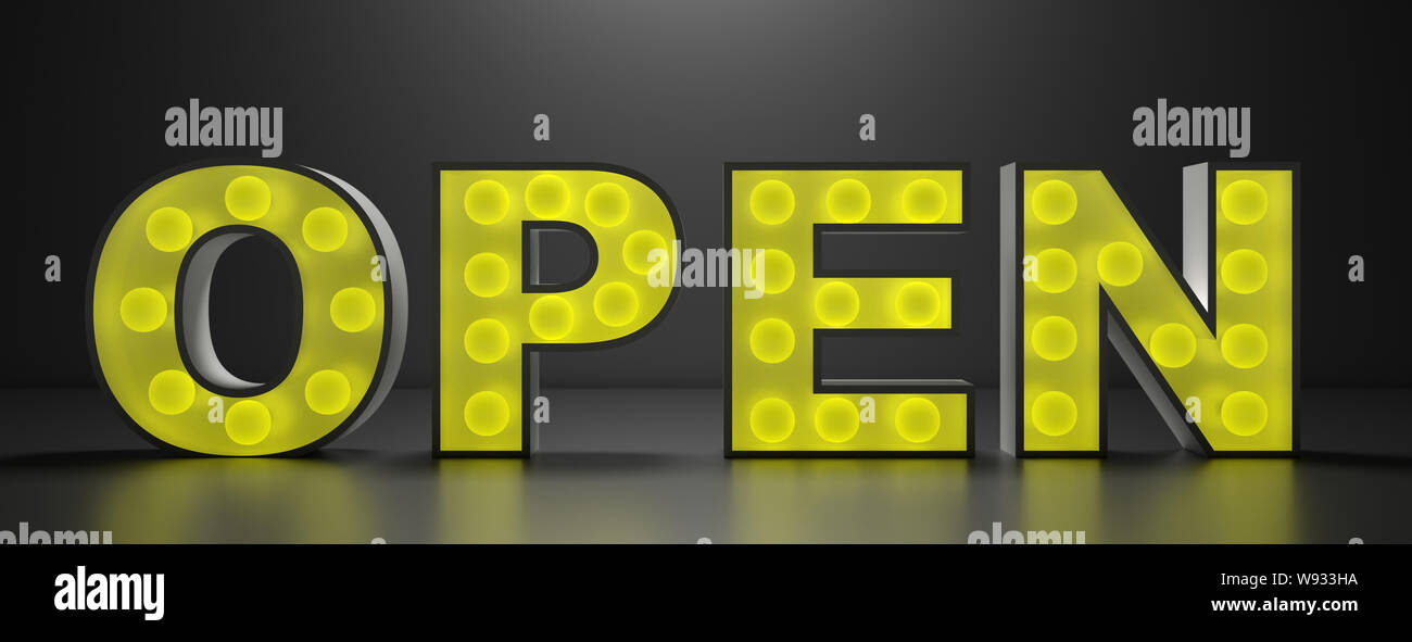Open sign. Lumière vive couleur jaune brillant texte ouvert sur fond noir, ampoules allumées, la bannière. 3d illustration, Banque D'Images
