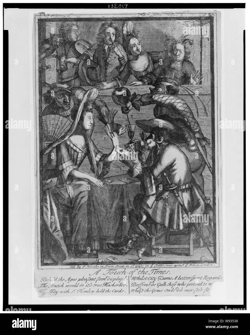 Une touche de la fois Abstract : Imprimer montre une femme jouant aux cartes avec un singe habillé comme un homme, deux chiffres dans masquerade assister à à eux, au-dessus et en arrière-plan sont un musicien, un homme et une femme, et un cocu, également assis est un hibou fumant une pipe. Banque D'Images
