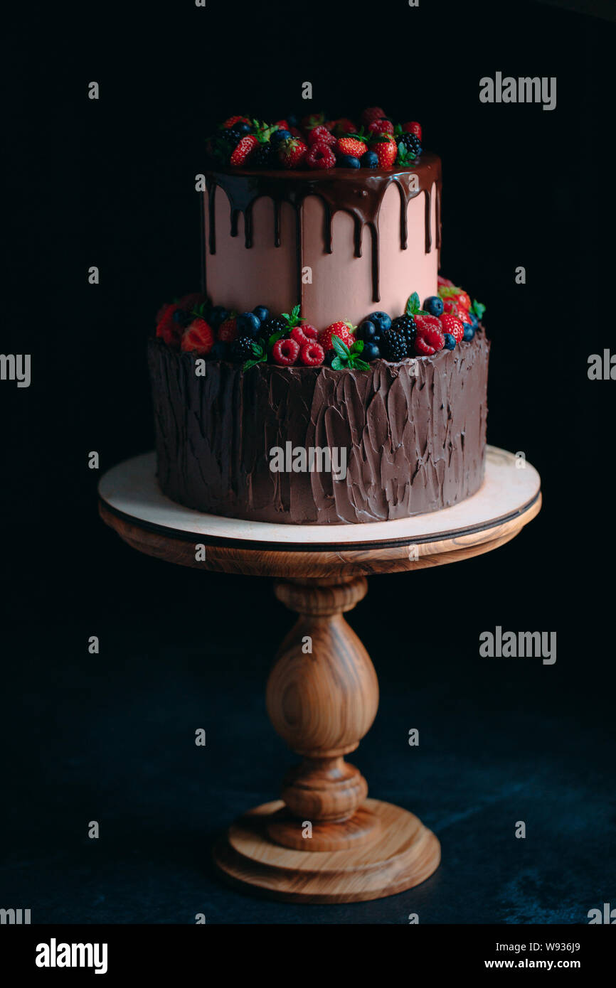 Gâteau au chocolat de fruits sur support en bois sur fond noir. Banque D'Images