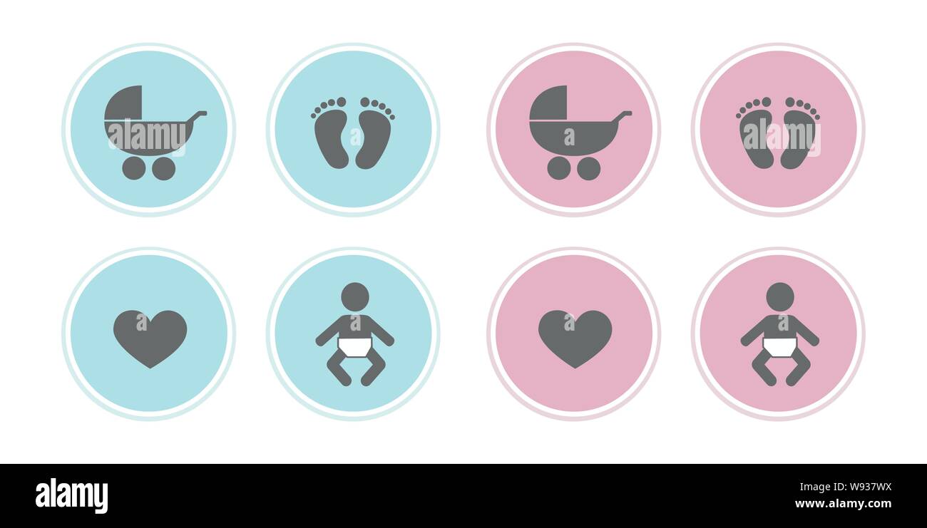 Bleu Et Rose Ensemble D Icones De Bebe Et Poussette Coeur Empreinte Pieds Illustration Vecteur Eps10 Image Vectorielle Stock Alamy