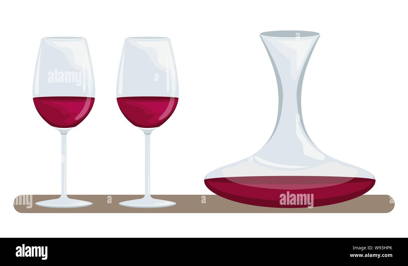 Deux verres de vin rouge et une carafe de vin. Bonne utilisation de vin. Accessoires pour boire du vin. Vector illustration. Illustration de Vecteur