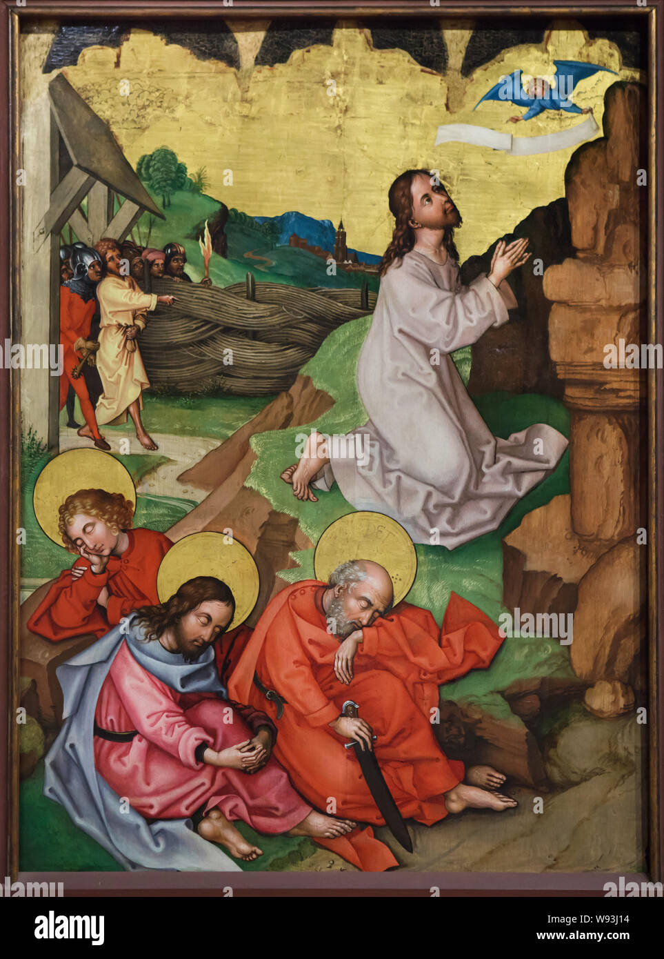 L'agonie dans le jardin. Détail du retable "l'enfance et la Passion du Christ", daté de vers 1480 par l'Allemand Martin Schongauer peintre de la renaissance de l'Église des Dominicains à Colmar, maintenant exposée dans le Musée Unterlinden (Musée Unterlinden) à Colmar, Alsace, France. Banque D'Images