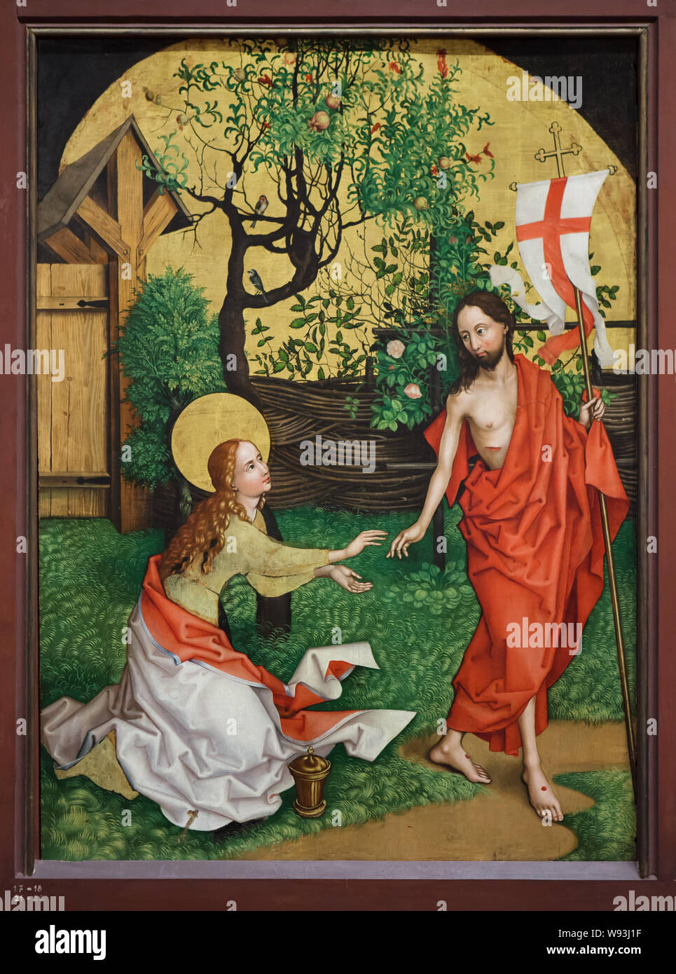 Le Christ ressuscité apparaît à Marie de Magdala (Noli me tangere). Détail du retable "l'enfance et la Passion du Christ", daté de vers 1480 par l'Allemand Martin Schongauer peintre de la renaissance de l'Église des Dominicains à Colmar, maintenant exposée dans le Musée Unterlinden (Musée Unterlinden) à Colmar, Alsace, France. Banque D'Images