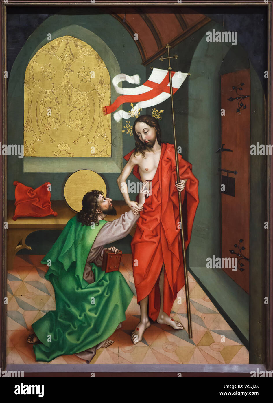 Le Christ ressuscité apparaît à Saint Thomas l'Apôtre (l'incrédulité de Saint Thomas). Détail du retable "l'enfance et la Passion du Christ", daté de vers 1480 par l'Allemand Martin Schongauer peintre de la renaissance de l'Église des Dominicains à Colmar, maintenant exposée dans le Musée Unterlinden (Musée Unterlinden) à Colmar, Alsace, France. Banque D'Images