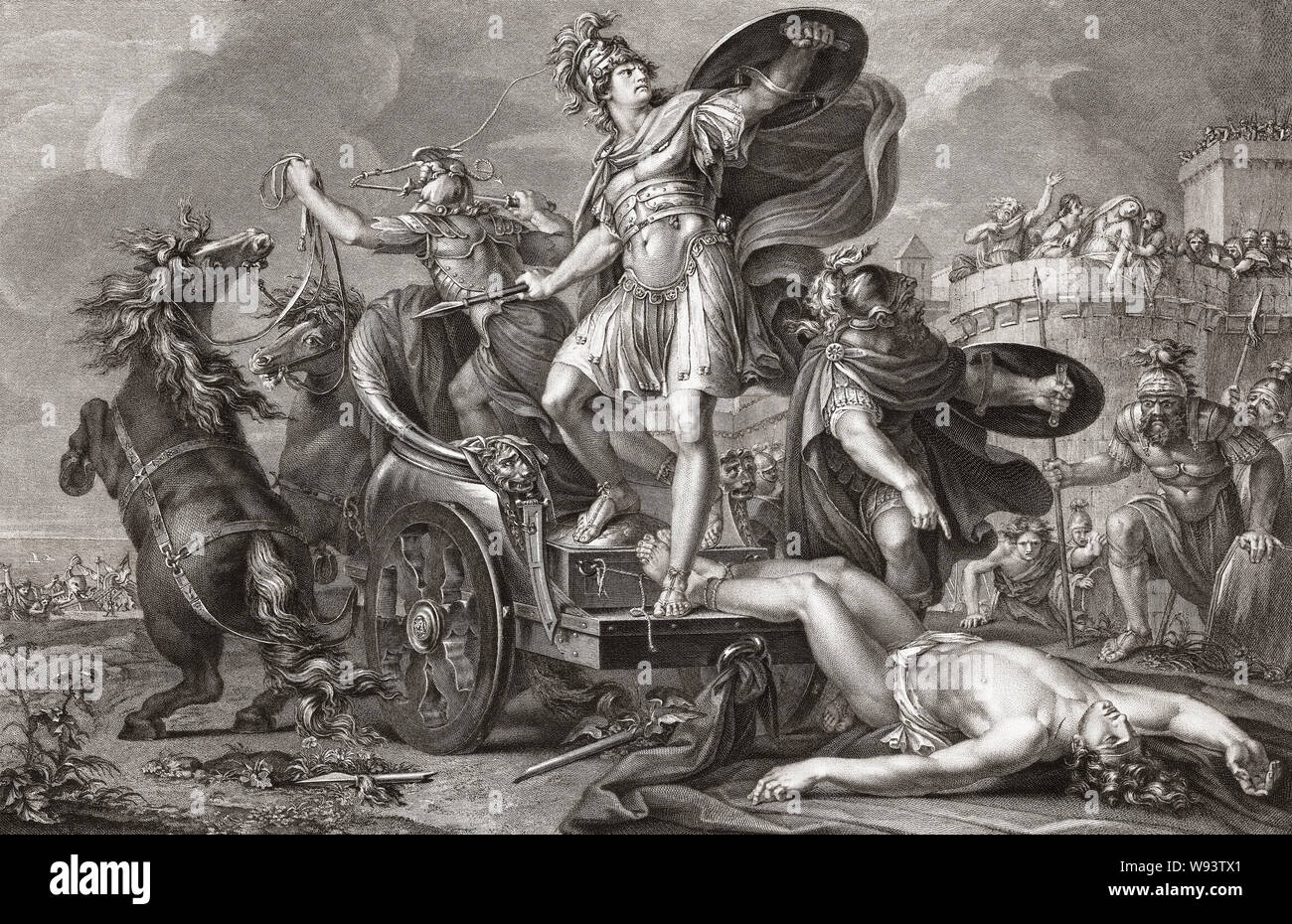 Après avoir tué Hector en combat à mains comme vengeance pour la mort de son ami Patrocle, Achille traîne le corps d'Hector derrière son char en face des murs de Troie. Un 18e siècle l'inscription de l'incident de l'Iliade. Banque D'Images