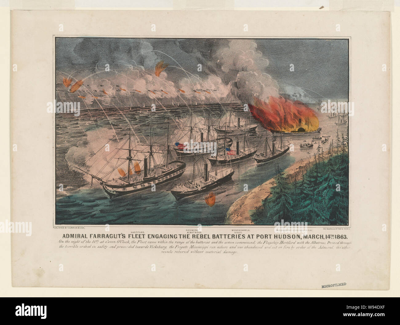 La flotte de l'amiral Farragut engager les batteries rebelles à Port Hudson, mars, 14e 1863 Banque D'Images