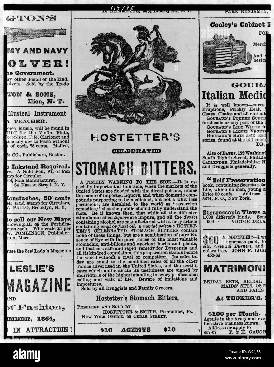 Publicité pour le célèbre Hostetter bitters estomac, montrant l'homme sur l'aide de lance pour tuer serpent Banque D'Images