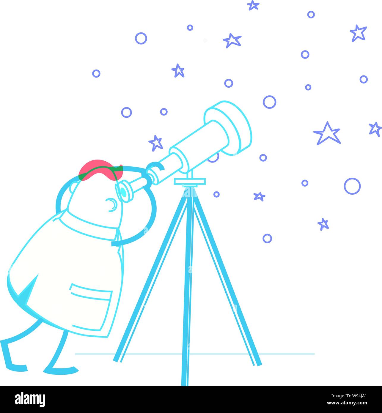 Un homme portant un manteau de laboratoire regardant les étoiles et les planètes à travers un télescope d'art de la ligne d'animation en deux couleurs Illustration de Vecteur