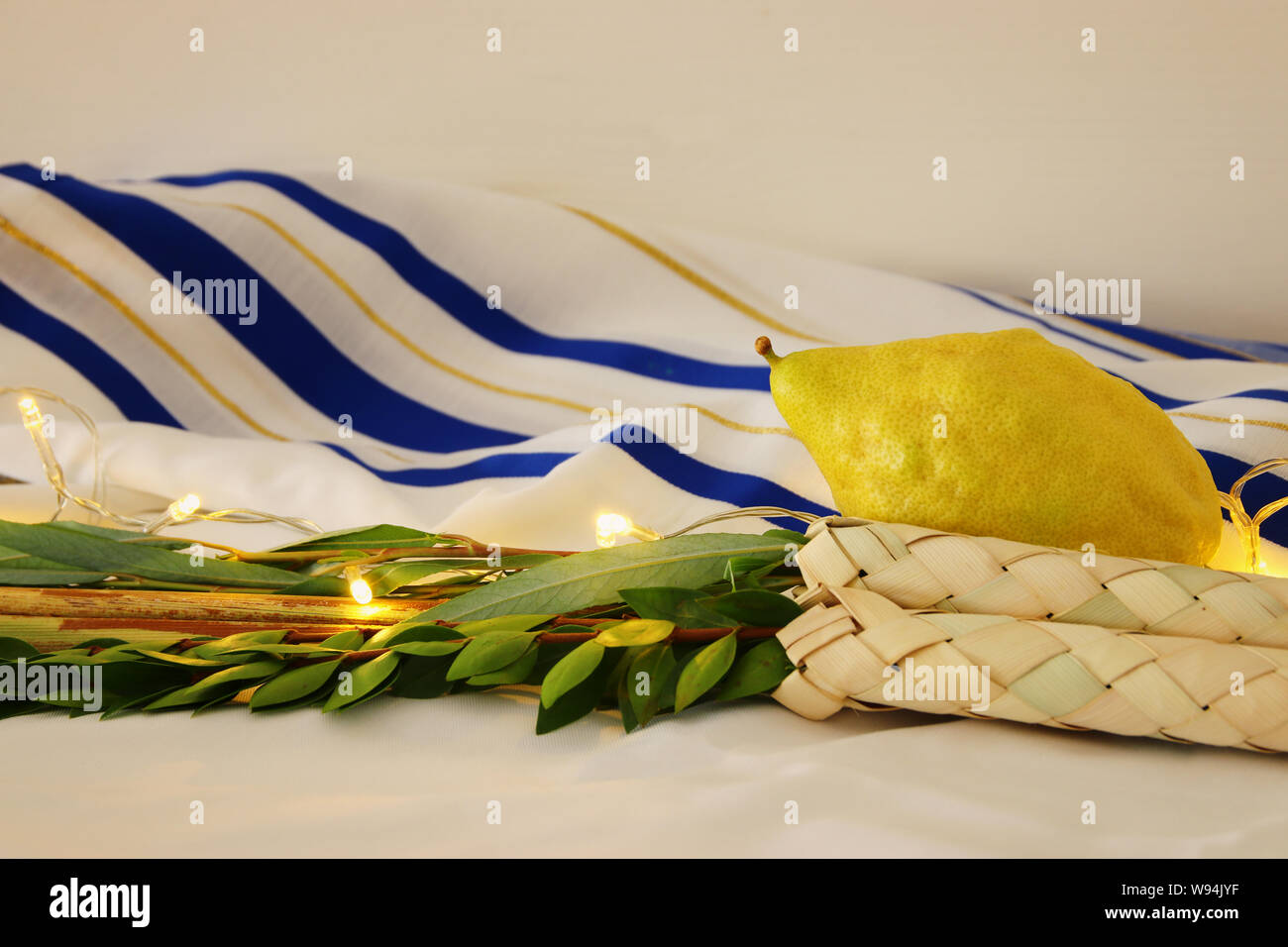 Fête juive de Souccot. Symboles traditionnels (les quatre espèces) : Etrog, Loulav, hadas, l'arava Banque D'Images
