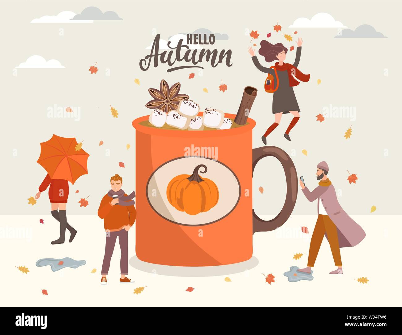 Les gens près de la grande tasse à café avec de la guimauve et la cannelle.Girl with umbrella,femme sautant avec feuilles d'automne, l'homme avec téléphone et hipster avec café Illustration de Vecteur