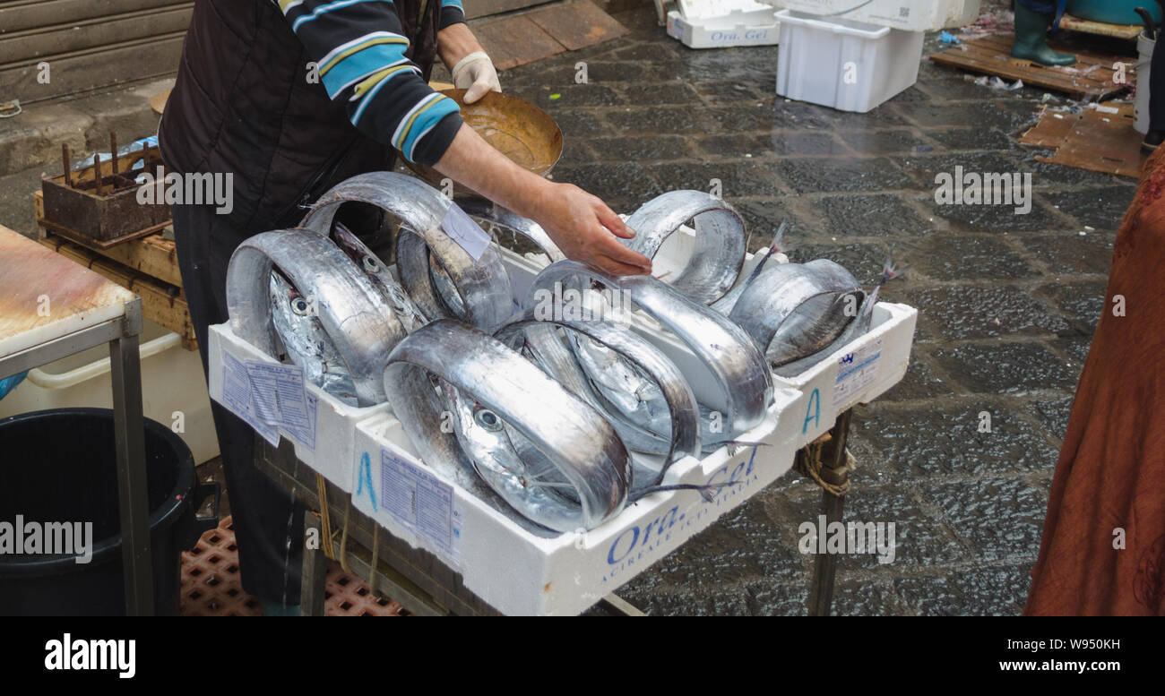 Poisson frais longue à vendre dans la rue Marché aux poissons de Catane, Sicile Banque D'Images