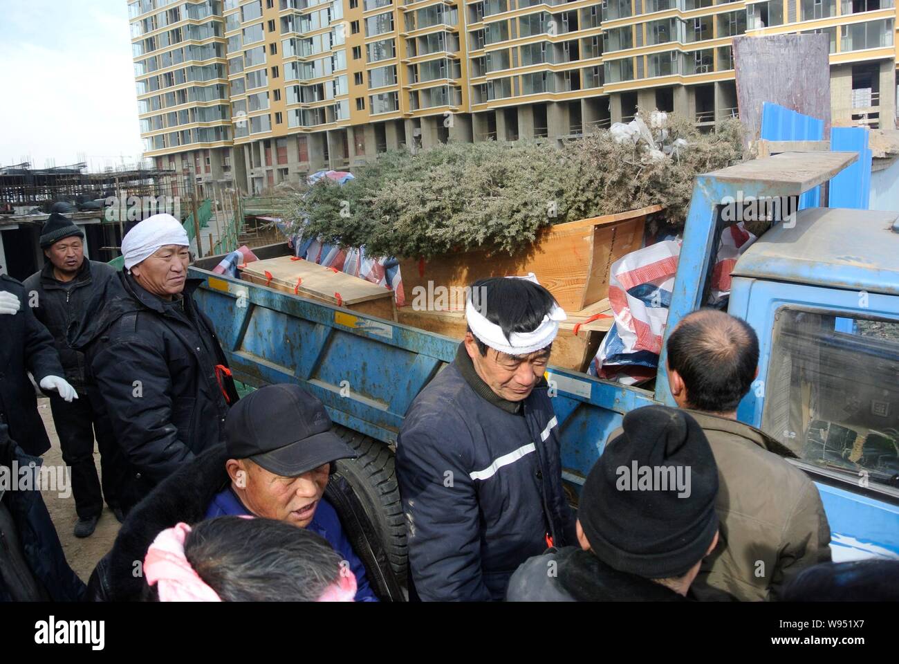 Cercueils creusés sont couverts par des branches de pins après les traditions locales et chargé sur un camion par Chang Jinzhu à Taiyuan, Shanxi Chine du nord-ouest de la ville Banque D'Images