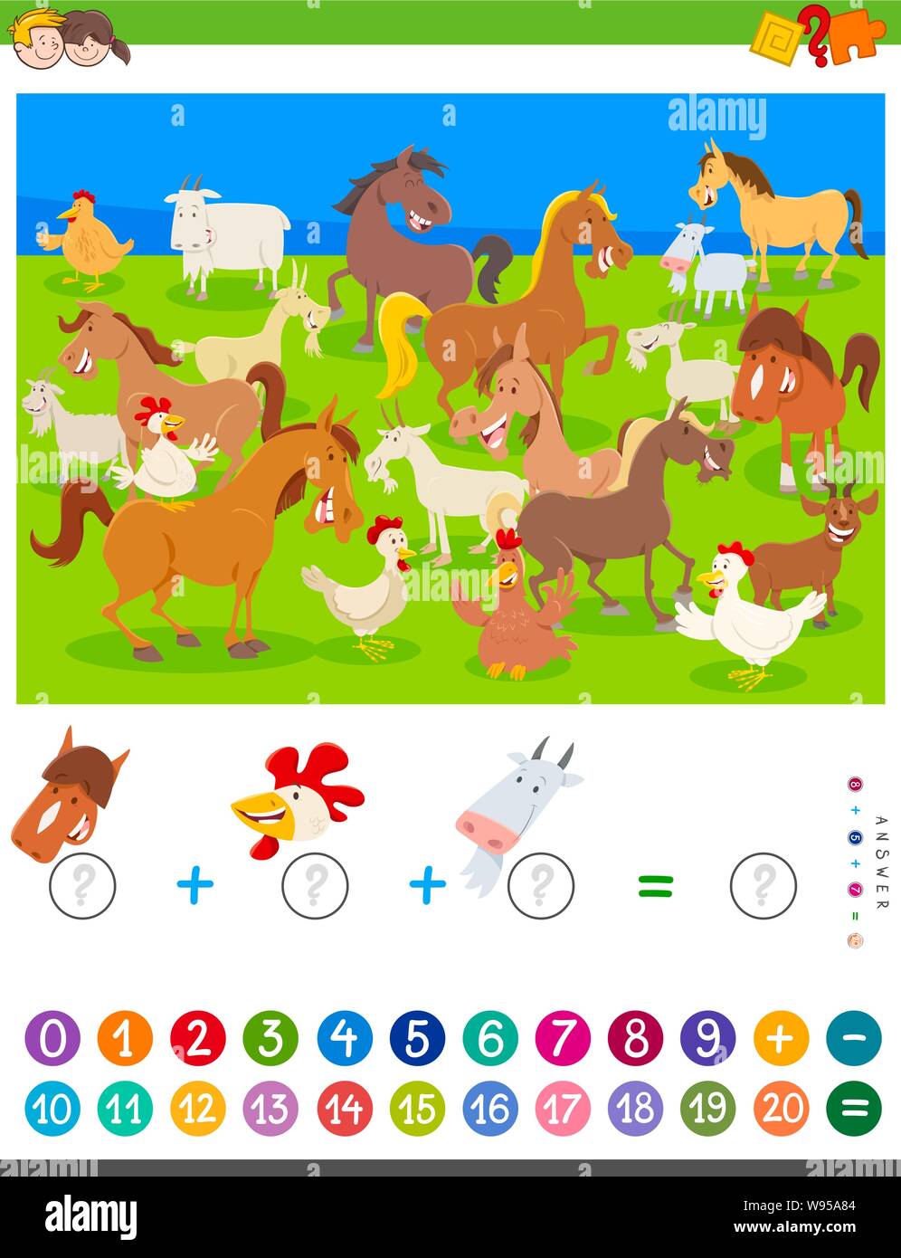 Cartoon Illustration de mathématiques de l'éducation et de comptage plus jeu pour les enfants avec des caractères des animaux rigolos de la ferme Illustration de Vecteur