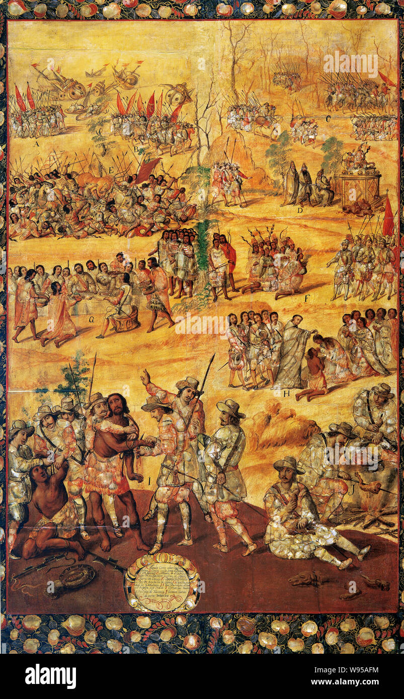 La conquête du Mexique (1519-1521). Les scènes représentées : Hernan Cortes de détruire la flotte ; guerre en Cholula, cholultecas indiens s'agenouillant devant le roi d'Espagne (l'obéissance au roi) ; vers de Cholula le Frère Bartolomé de Las Salinas baptiser sept Indiens ; la sanction reçue par les Indiens d'espions : Xicotencatl ils couper leurs mains ; ils mangent la viande de chien à cause de la faim. Tableau issu d'un ensemble de 6 prises avec le 'enconchado » technique (fragments de nacre intégré dans la surface en bois, et des couches de peinture sont ajoutées à la surface brillante. Auteur anonyme. Et l'huile de nacre. 1676-17 Banque D'Images