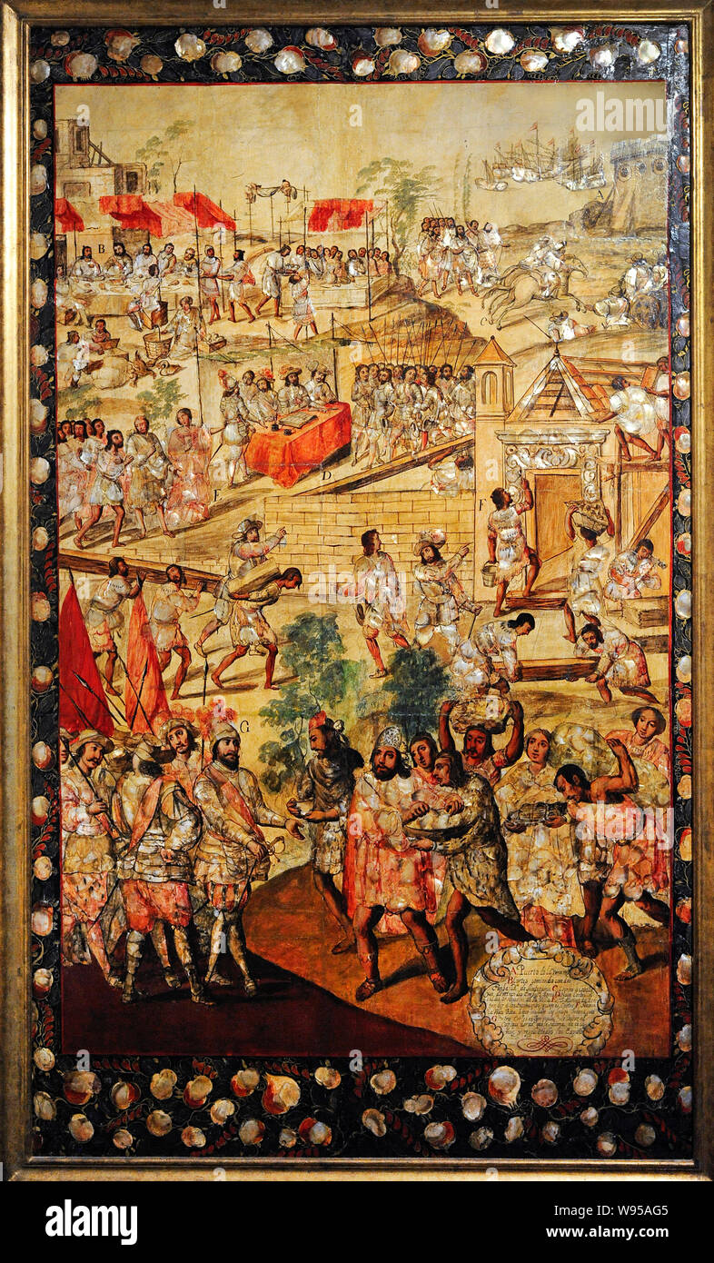 La conquête du Mexique (1519-1521). Scènes : A- Port de Vera Cruz, B- Cortes coin avec deux ambassadeurs de Moctezuma, C- Les chevaux courir et les ambassadeurs sont admirés, D-'Hernan Cortes ordinaire nomme les maires de la commune, E- La Malinche rend les Totonaques comprennent qui est Cortes, F- Construction de la Villa Rica où indiens totonaque de l'aide. G- Entrée d'Hernan Cortes dans Zempuala où il est reçu par le "Cacique Gordo'. Tableau issu d'un ensemble de 6 prises avec le 'enconchado ». Auteur anonyme. Et l'huile de nacre. 1676-1700. École mexicaine. Vice-royauté de Nouvelle Espagne. Le Mexique. Museum Banque D'Images