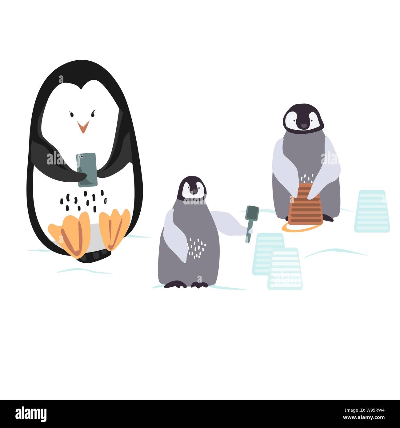 Dessin animé deux pingouins s'bulding une snowcastle avec godet et truelle et leur maman à la recherche dans le téléphone mobile. Vector Illustration de Vecteur