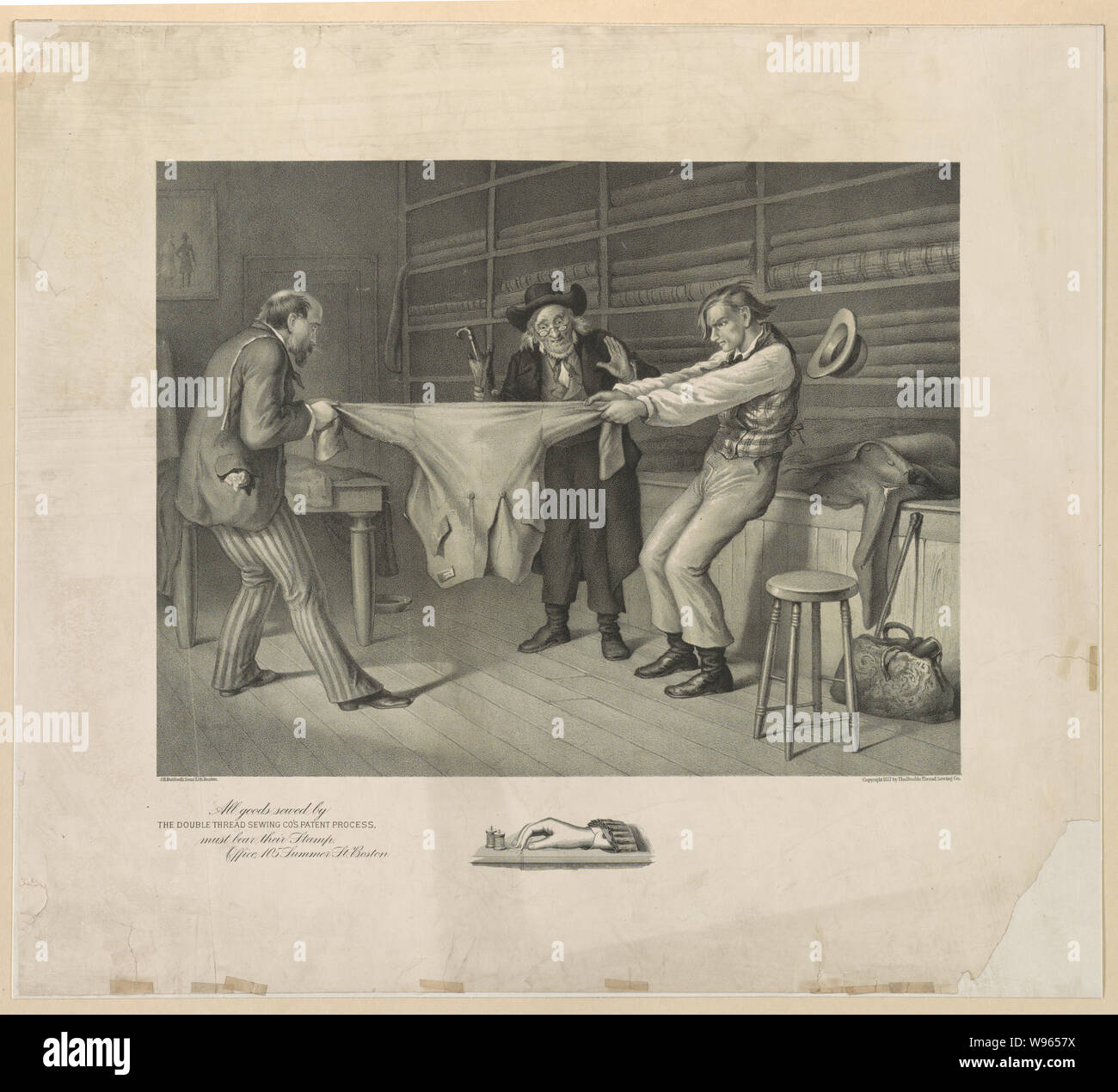 Toutes les marchandises par le Thread cousu double couture Co's. processus de brevet doivent porter leur cachet / J.H. Les fils de Bufford, Lith., Boston. Banque D'Images