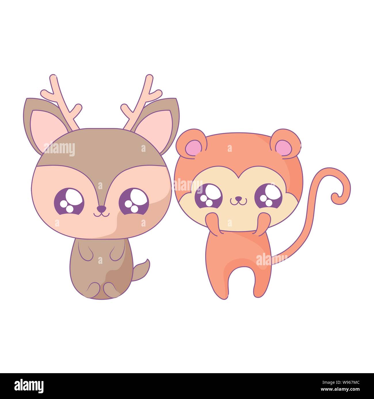 Singe Mignon Avec Des Bebes Animaux Rennes Style Kawaii Vector Illustration Design Image Vectorielle Stock Alamy