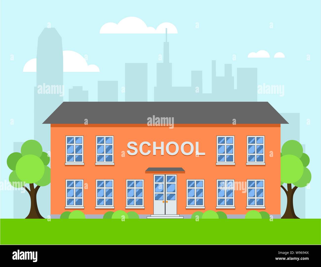 Vector cartoon illustration de l'école dans une ville. arrière-plan avec school house, ciel bleu avec des nuages, pelouse verte avec des arbres Illustration de Vecteur