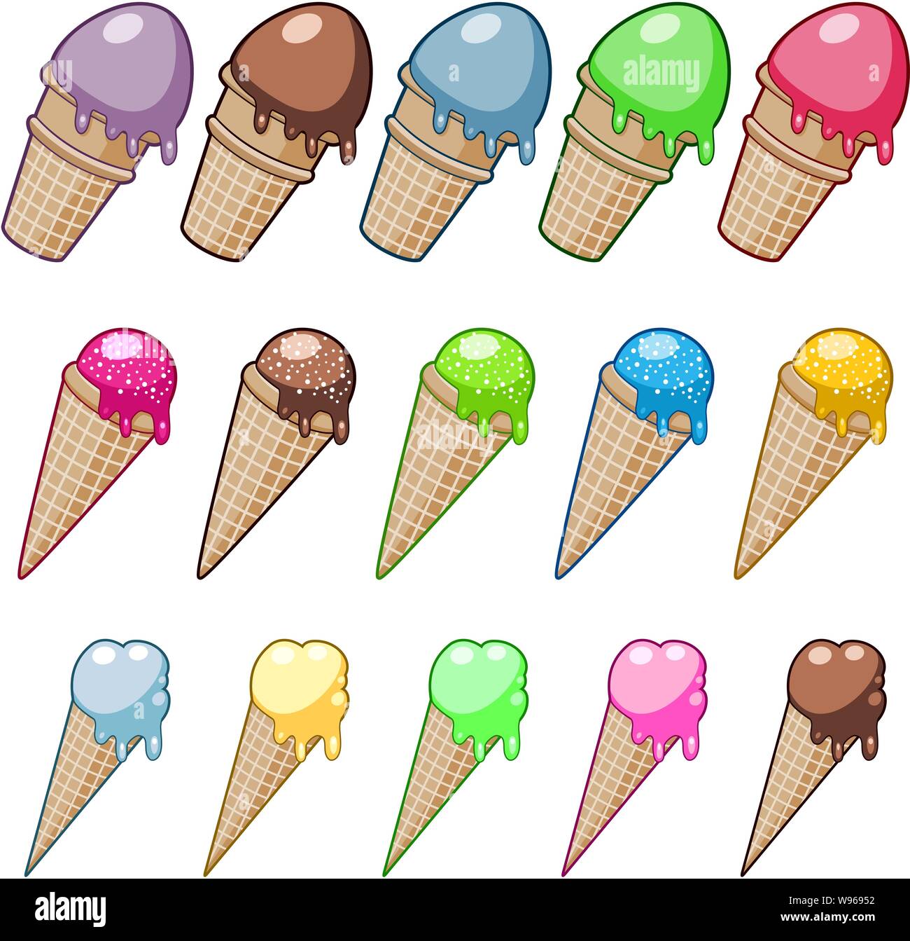 La crème glacée de vecteur défini. cartoon coloré avec glaces cônes et cuvettes wafer. collection de la fonte des glaces en cônes et cuvettes de gaufrette croustillante isolé sur Illustration de Vecteur