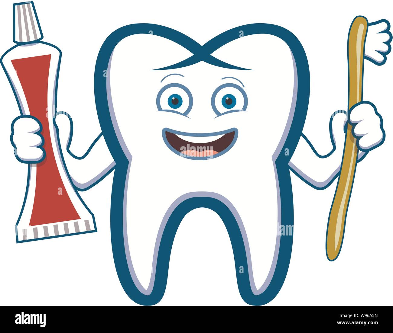 Vector happy smiling holding dent brosse à dents et du dentifrice tube. bandes dessinées isolé sur fond blanc. hygiène dentaire illustration eps. Illustration de Vecteur