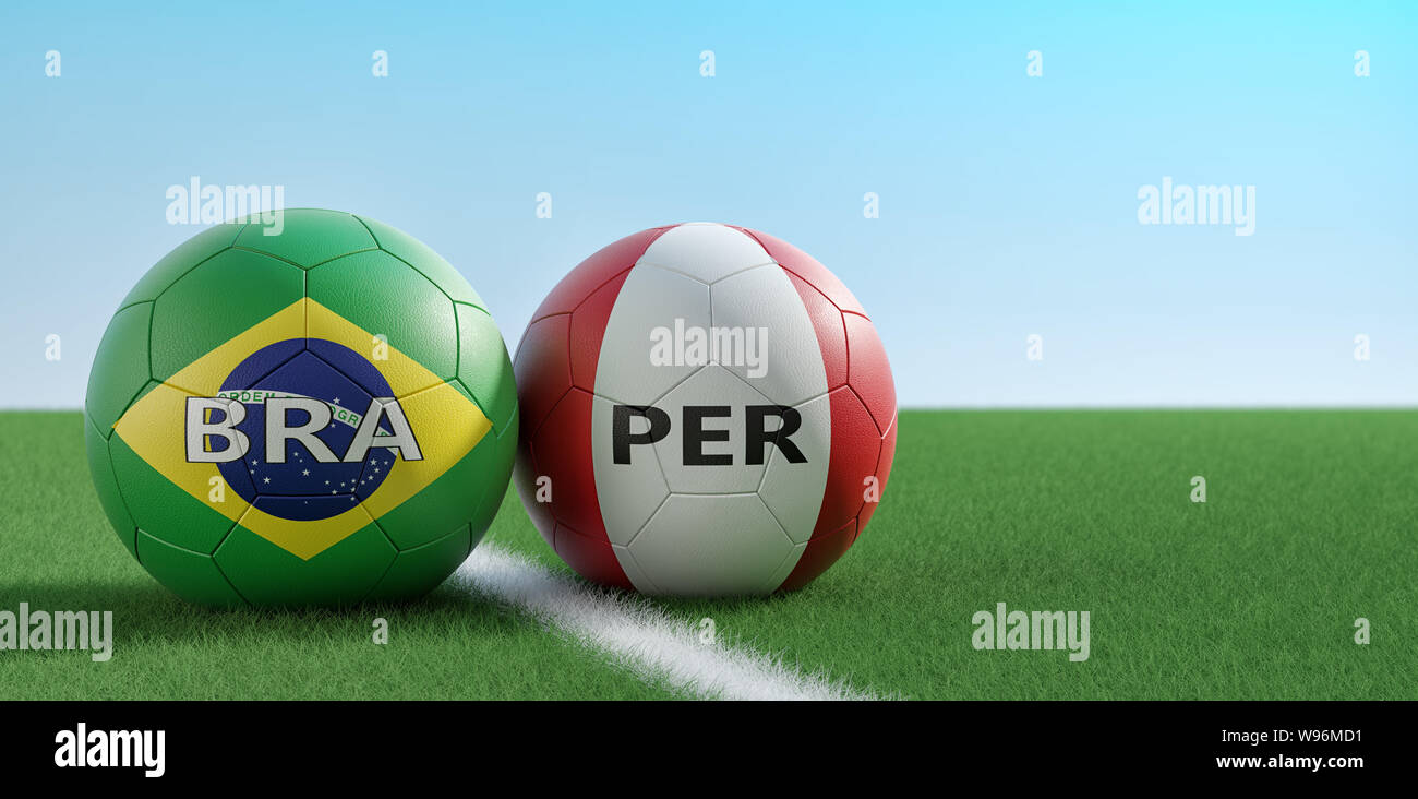 Pérou vs Brésil Match de football - ballons de soccer au Brésil et Pérou couleurs nationales sur un terrain de soccer. Copie de l'espace sur le côté droit - le rendu 3D Banque D'Images