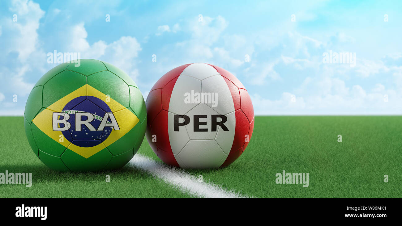 Pérou vs Brésil Match de football - ballons de soccer au Brésil et Pérou couleurs nationales sur un terrain de soccer. Copie de l'espace sur le côté droit - le rendu 3D Banque D'Images