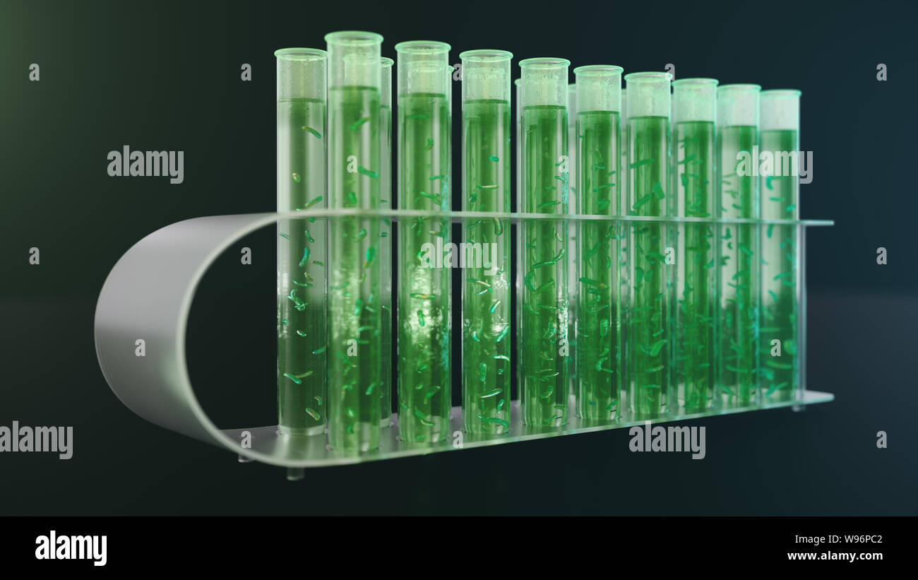 Illustration 3D de l'huile biocarburant dans le laboratoire de recherche, concept de biocarburants. Les bactéries dans le liquide à l'intérieur du tube à essai comme combustible. La biotechnologie. Verrerie Banque D'Images