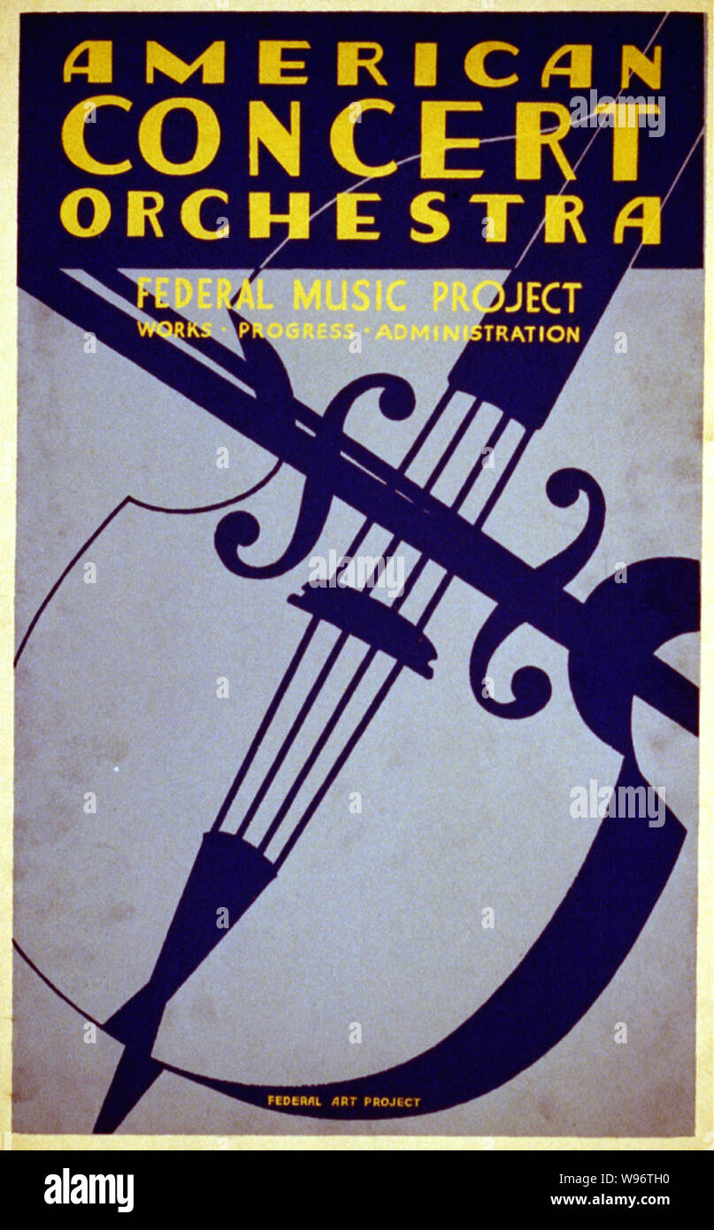 Orchestre de concert américain--Gouvernement fédéral--projet Musique Works Progress Administration Résumé : pour l'affiche de présentation du projet fédéral américain de musique orchestre de concert, montrant un violoncelle. Banque D'Images
