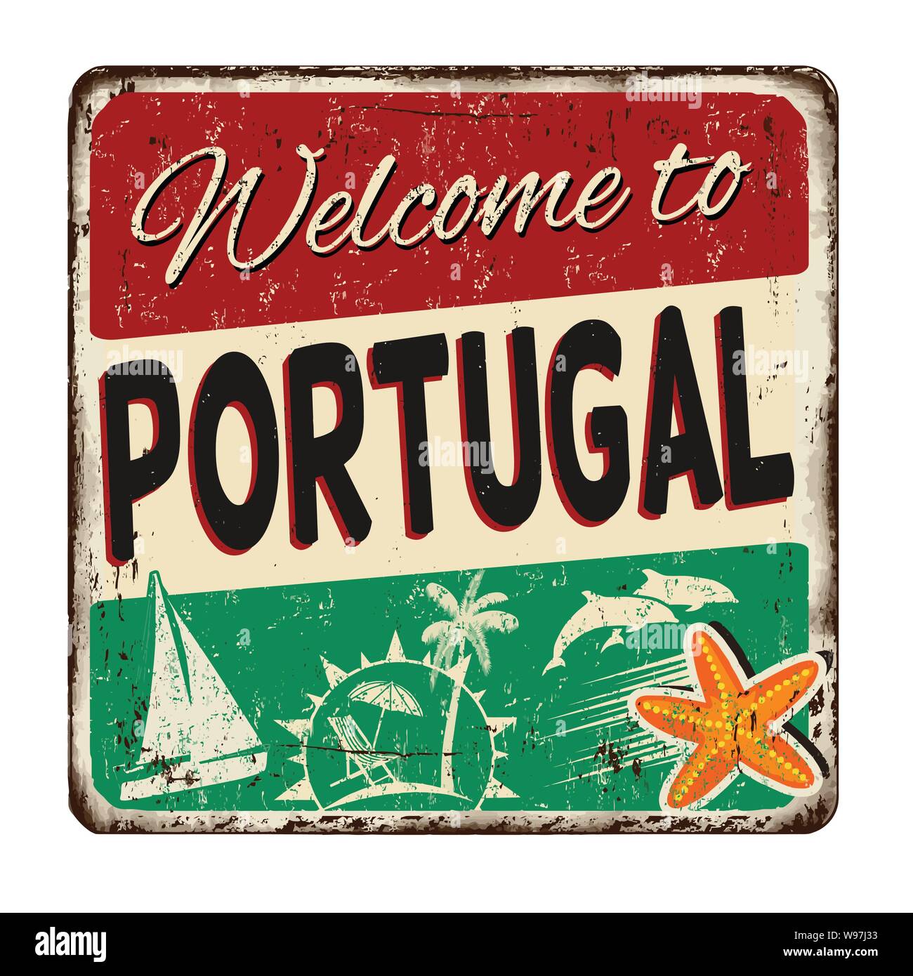 Bienvenue au Portugal vintage métal rouillé signe sur un fond blanc, vector illustration Illustration de Vecteur