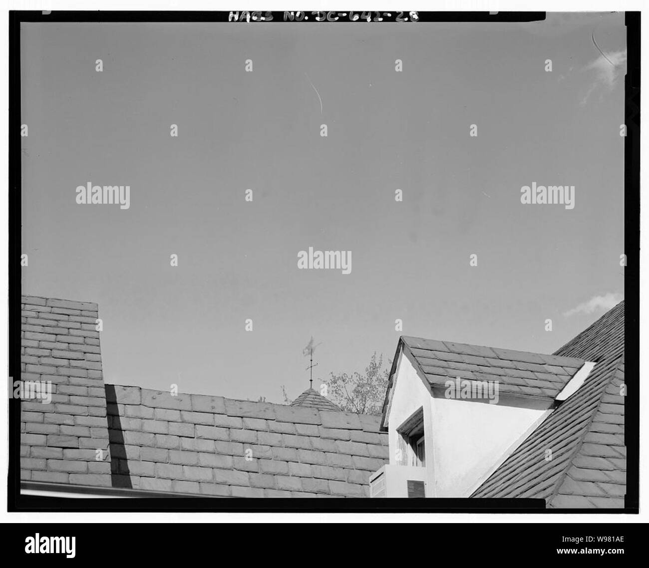 Détail d'un toit en ardoise et de la girouette. Banque D'Images