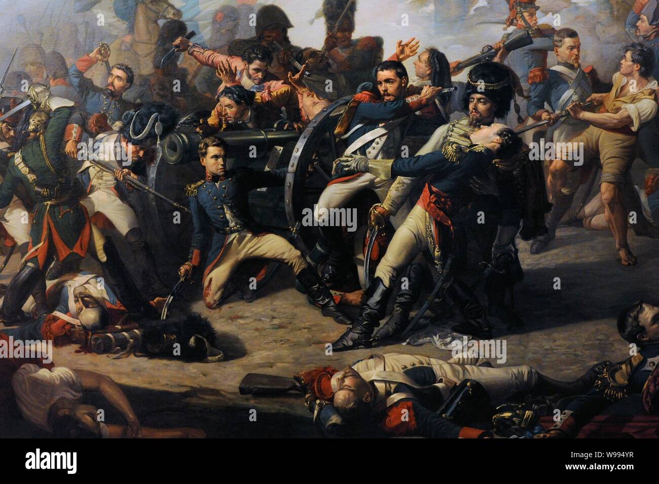 Guerra de la Independencia (1808-1814). 2 de mayo de 1808. Muerte de Daoíz y defensa del Parque de Monteleón, 1862. Detalle. Daoíz y arrodillado mortalmente herido por un soldado francés con su bayoneta. Velarde moribundo en los brazos de un oficial de la guardia polaca. Óleo de Manuel Castellano (1826-1880). Museo de Historia. Madrid. España. Banque D'Images