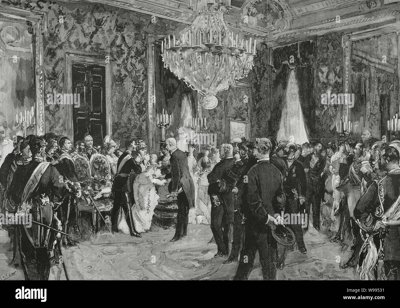 España. Madrid. Real Palacio. La cérémonie de remise des insignes imponer de la Cruz de la Victoria un S. A. R. la Princesa de Asturias, el 9 del corriente. Se hallan SS. MM los Reyes (Alfonso XII y María Cristina de Habsburgo-Lorena), de la Infanta de España y princesa de Asturias María de las Mercedes, en brazos de su madre y augusta SS. AA. RR. las Infantas Doña Isabel, Doña Paz y Doña Eulalia. Naturel del dibujo por Ferrant. Gravure por Bernardo Rico (1825-1894). La Ilustración Española y Americana, 15 de abril de 1881. Banque D'Images